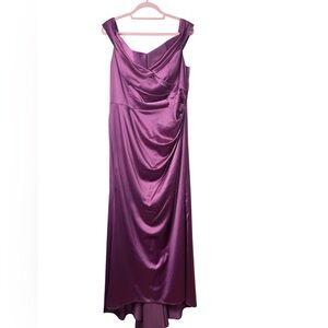 Galina Signature‎ Plum Satin Gown Size 14 Off-Shoulder Draped Evening Dress